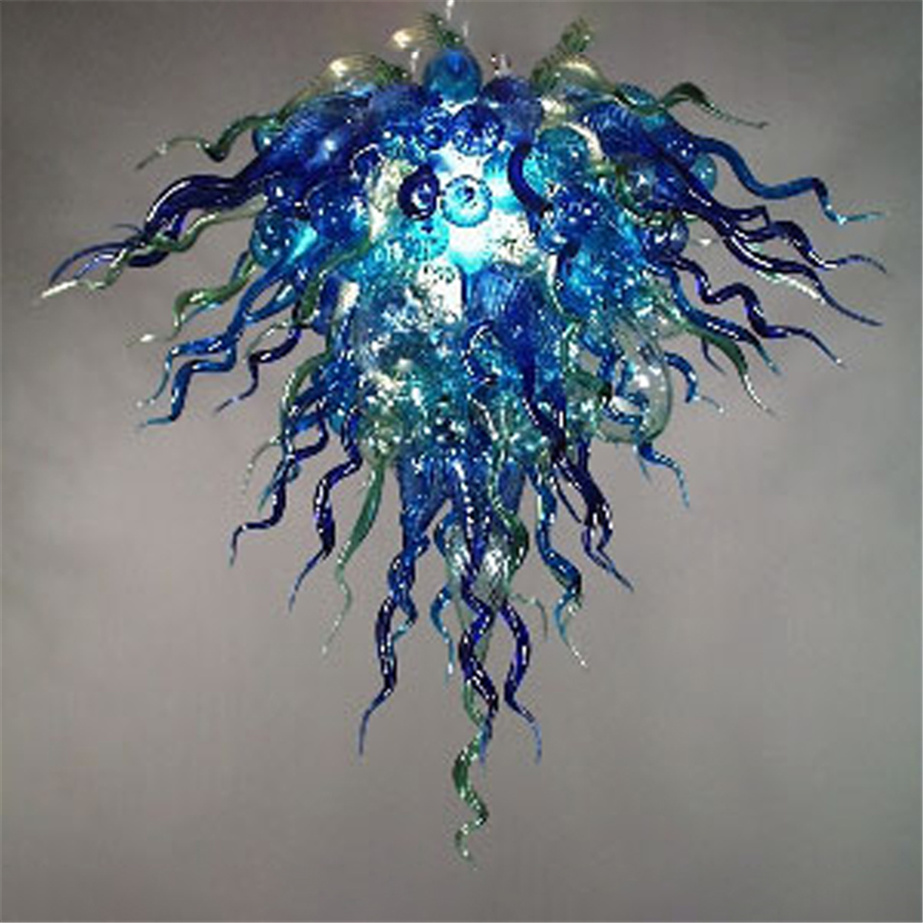 Luxury crystal chandelier with LED blue glass pendant lighting for living rooms, bedrooms, and hotels, featuring hand-blown glass and custom options