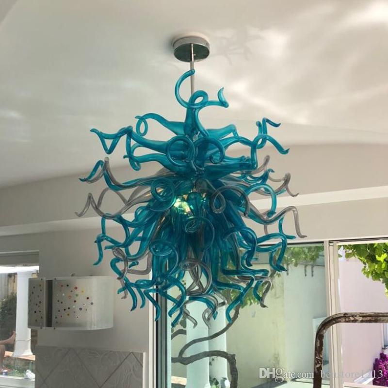Magnificent turquoise blue glass chandelier with LED lights, handcrafted for elegant living room decor