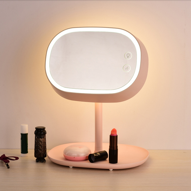 Makeup mirror with built-in LED lamp, rechargeable and foldable for bedroom or dorm use
