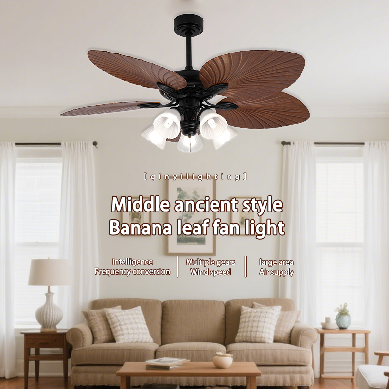 Medieval-style banana leaf ceiling fan featuring lights, smart inverter technology, and adjustable speeds for living spaces
