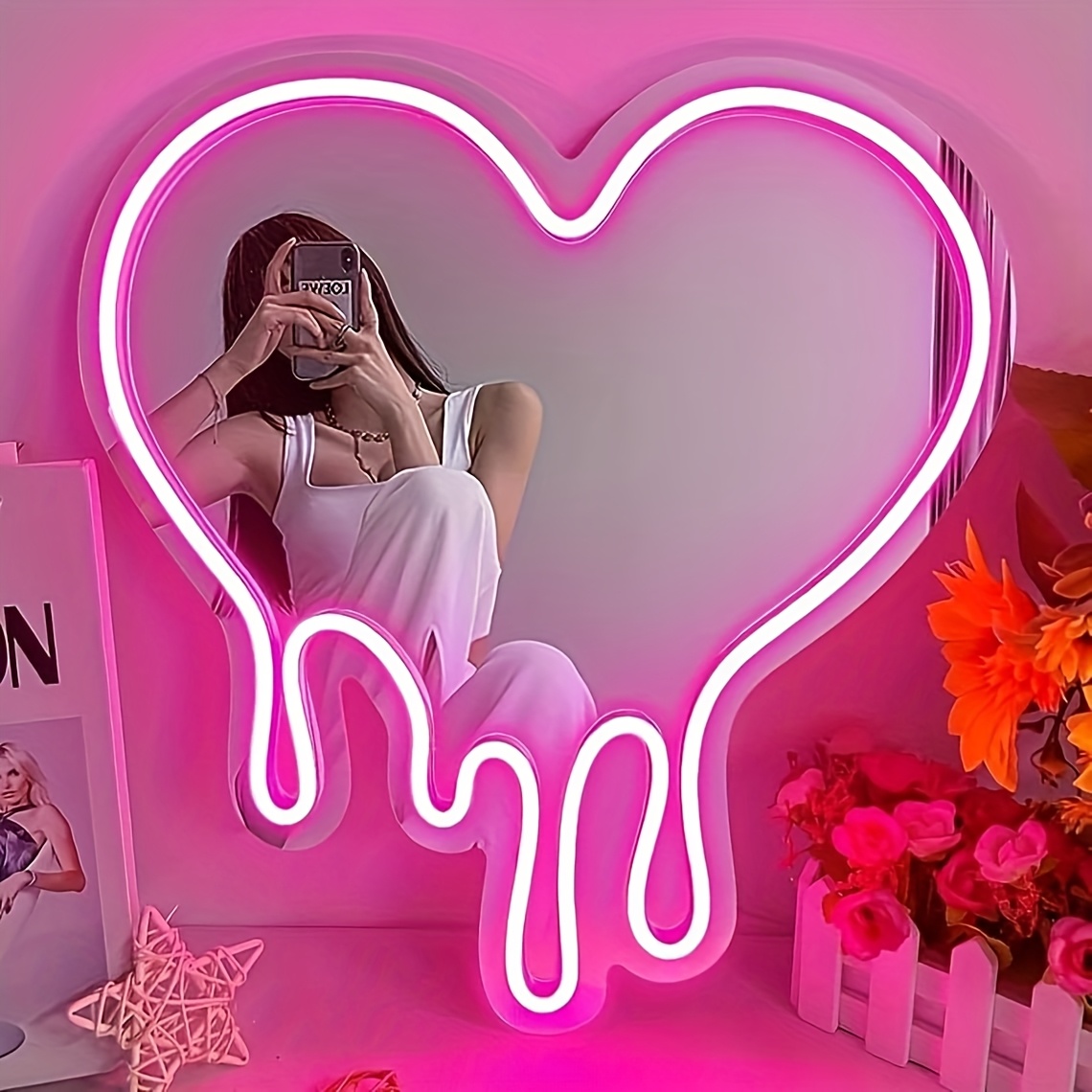 Melted heart neon wall mirror - charming decorative piece ideal for bedrooms, girls' rooms, parties, and studios