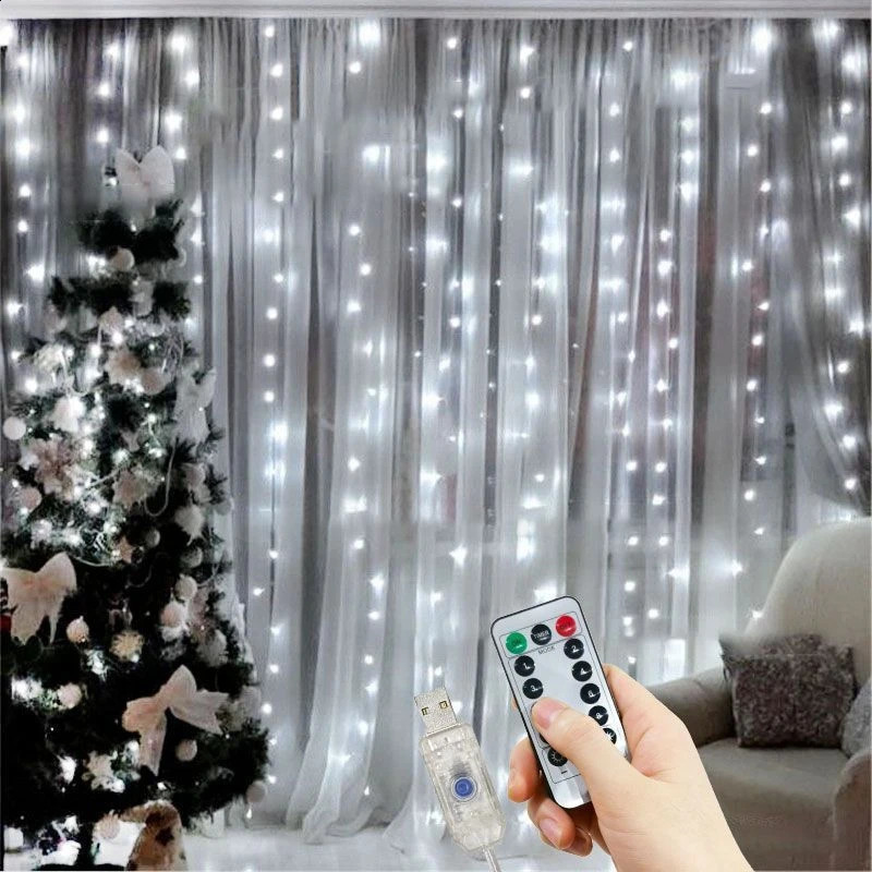 Merry Christmas LED curtain lights featuring 8 modes and remote control for festive home decor