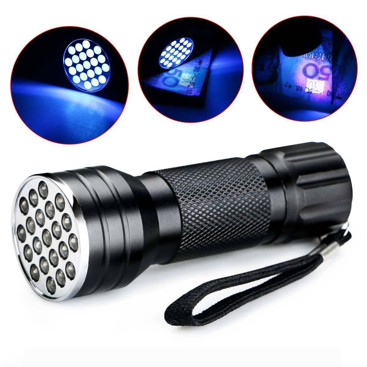 Mini UV flashlight with 21 bright purple LEDs, 395nm wavelength