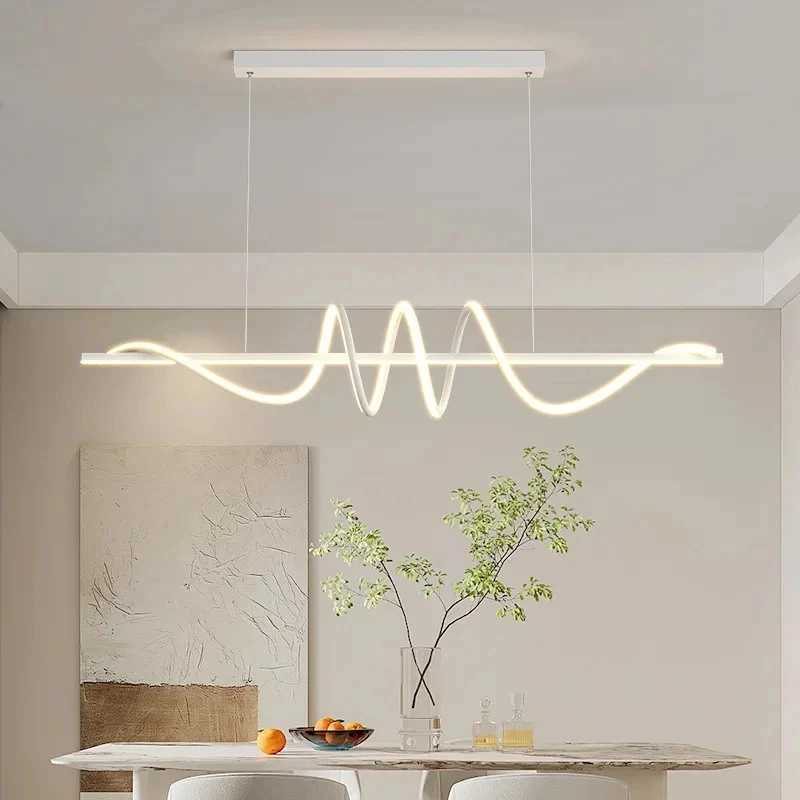 Minimalist modern 75W LED pendant light with wavy linear design for dining rooms, living spaces, bars, and home decor