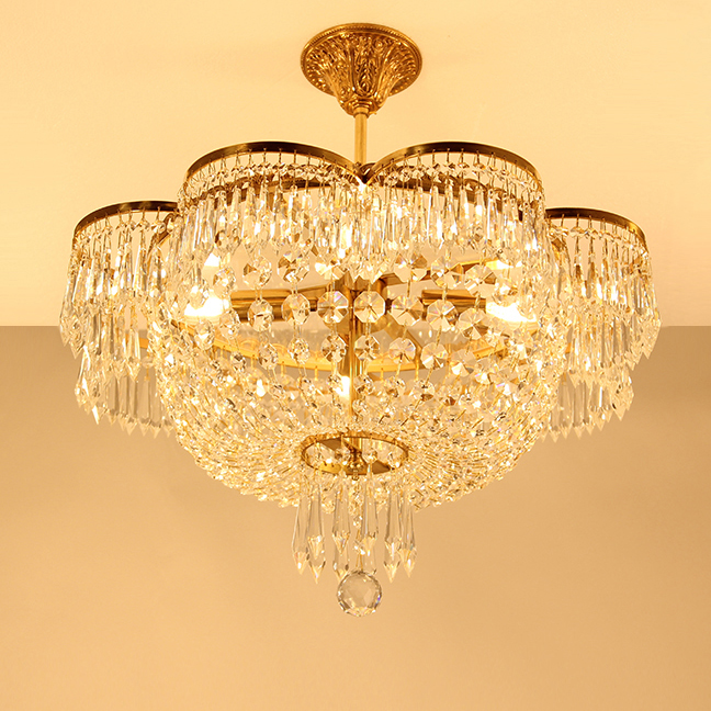 Modern 100% brass LED crystal chandelier with French copper design for bedroom and living room lighting