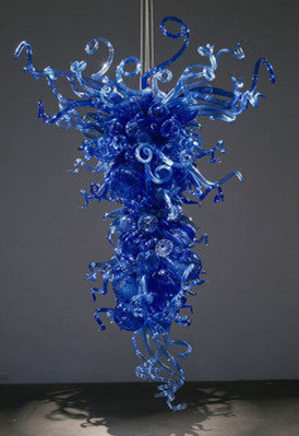 Modern blue glass and crystal LED chandeliers with handcrafted Murano-style balls