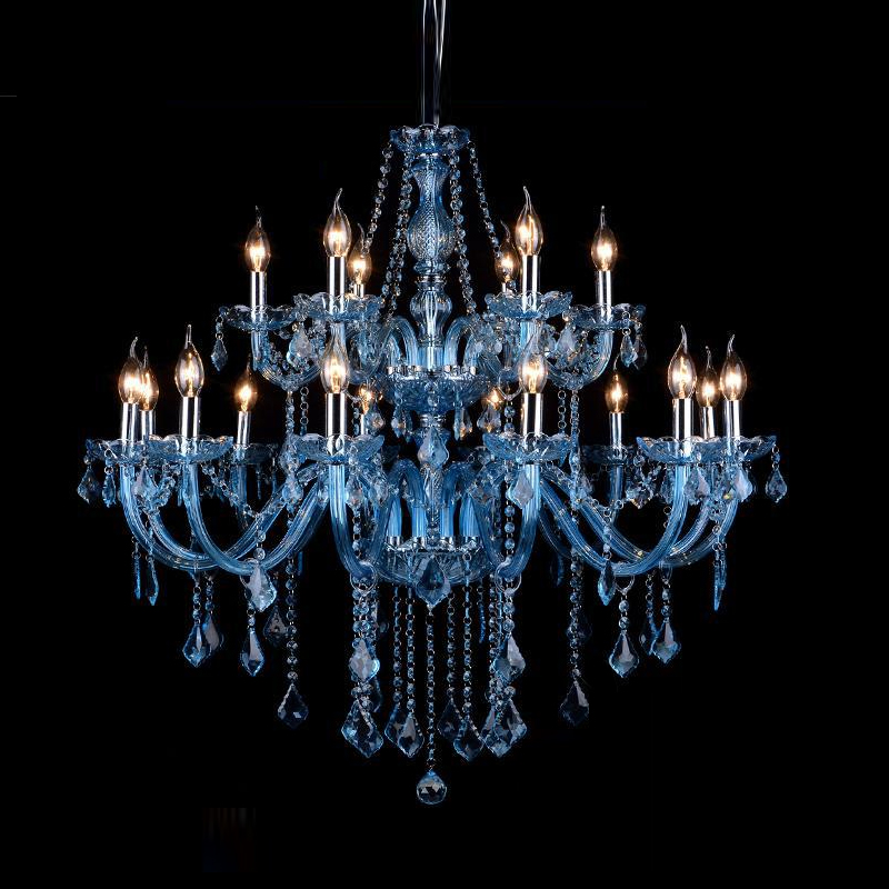 Modern blue glass chandelier for hotel lobbies and grand staircases, featuring large crystal lighting for elegant foyers and sales areas