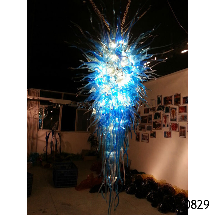 Modern blue LED crystal chandelier with handmade glass, ideal for hotel lobbies and grand entrances as a large hanging pendant light