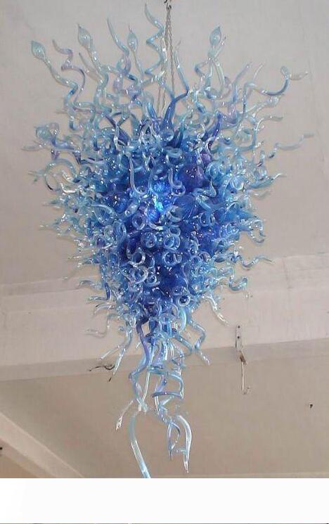 Modern blue pendant lights with vintage chandelier design, handcrafted in America from blown glass, featuring long LED fixtures for cafe, bar, or loft spaces in Art Deco style