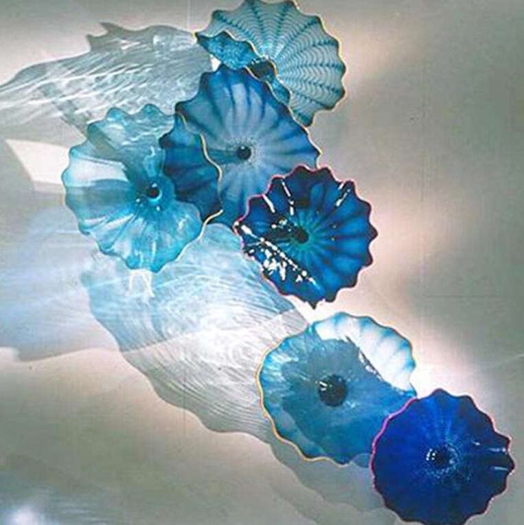 Modern Blue Wall Hanging Plates - Handcrafted Murano Glass Floral Art for Home Decor