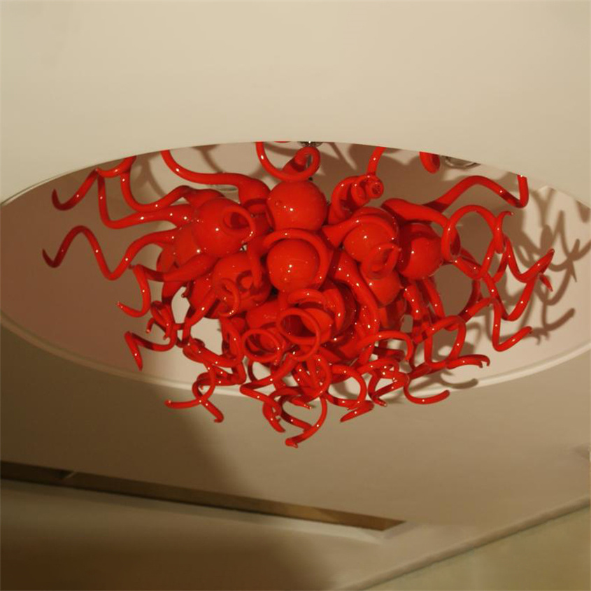 Modern ceiling light fixture with vintage red handcrafted glass and crystal design, Italian style for kitchen, bar, bedroom decor