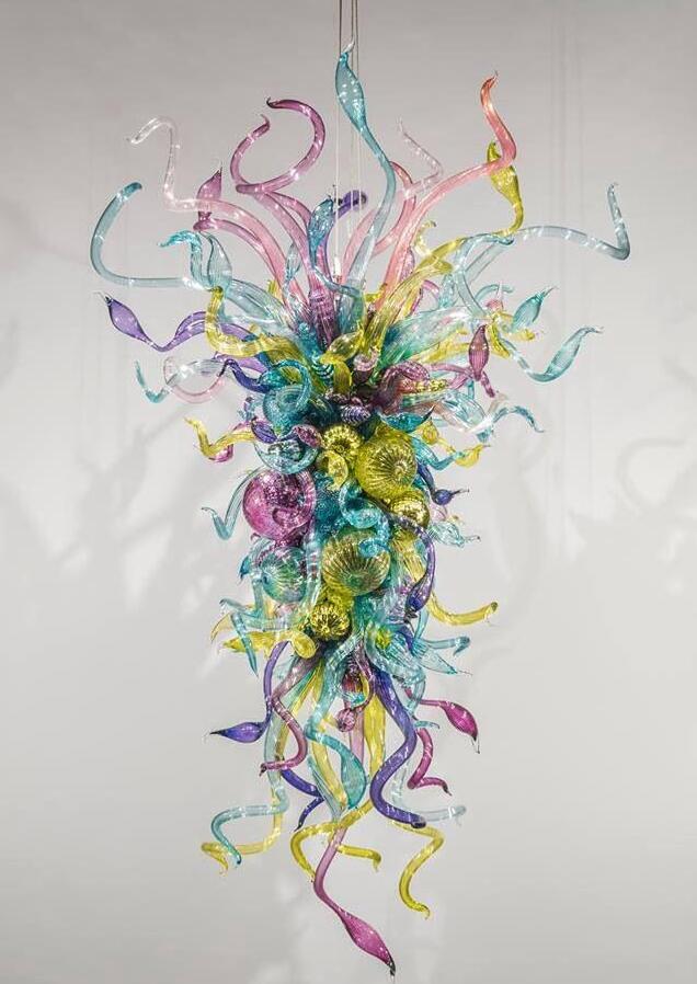 Modern colorful crystal chandelier featuring hand-blown glass floral designs with chain suspension