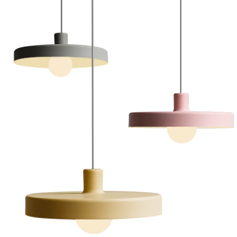 Modern colorful macaron-shaped LED pendant lights in pink, yellow, green, and gray for kids' rooms, bedrooms, and entryways