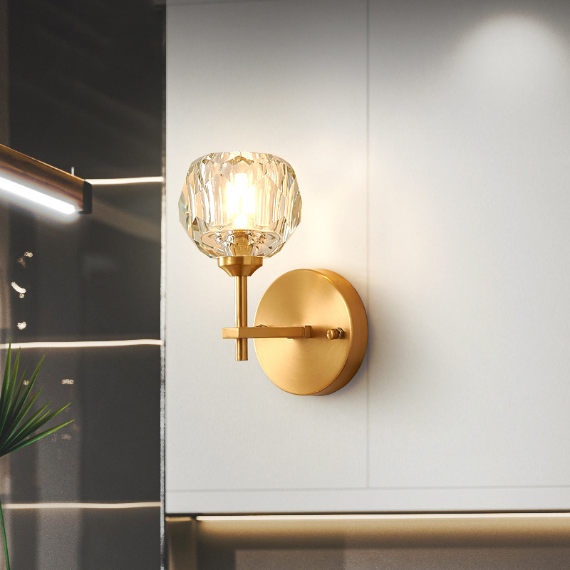 Modern copper wall lamps for villas and hotels, featuring crystal accents, ideal for studies, bedrooms, and Nordic-style bathrooms