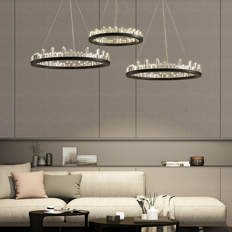 Modern crystal chandeliers featuring American round LED lights with dimmable function for dining and living rooms, backed by 3-year warranty