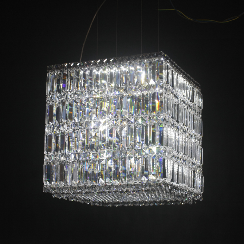 Modern crystal chandeliers with quantum blocks in a square pendant design