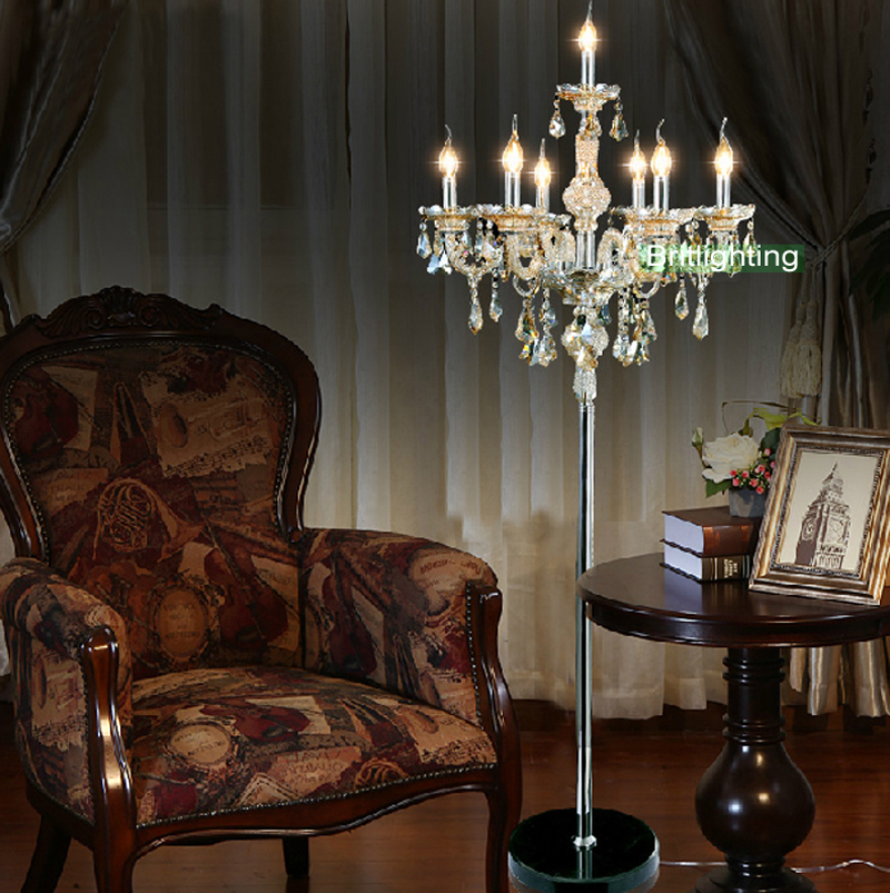 Modern crystal floor lamps for bedrooms with luxurious fabric shades, contemporary lighting for foyers and hotel guest rooms