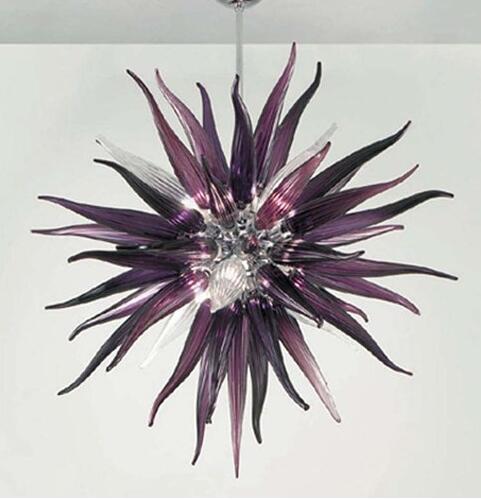 Modern dark purple hand-blown Murano glass LED chandelier with round crystal design