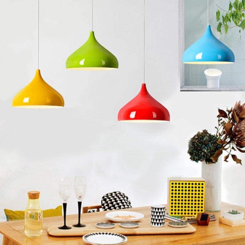 Modern E27 pendant lights with Nordic design, colorful aluminum shades for cafes, restaurants, and kitchens