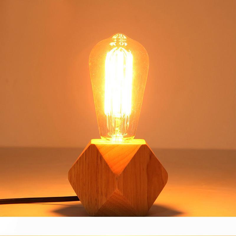 Modern E27 wooden table lamp with diamond design for bedroom or living room decor, featuring a wooden base and EU plug