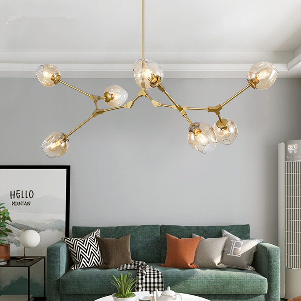 Modern glass and copper chandelier lighting ideal for public lofts, operates on 85-265V AC with a maximum 60W capacity, featuring heat-plated clear, gray, and amber glass lampshades for ceiling installation