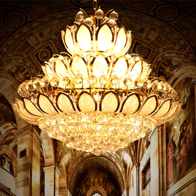 Modern gold crystal chandeliers featuring elegant lotus flower designs for luxurious indoor lighting in homes and hotels