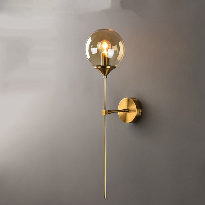 Modern gold LED wall lamp with E14 glass for stylish home lighting in bedrooms and bathrooms