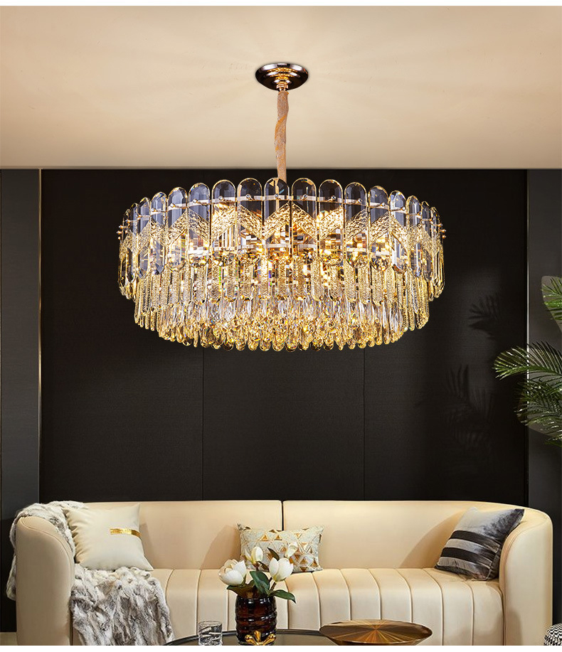 Modern gold metal pendant lights with crystal accents for living and dining rooms, a stylish hanging luminaire for bedroom spaces