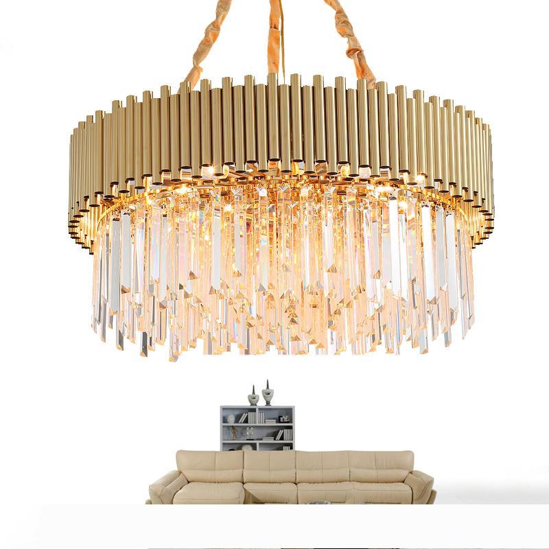 Modern gold-finished round chandelier with crystal accents for living spaces