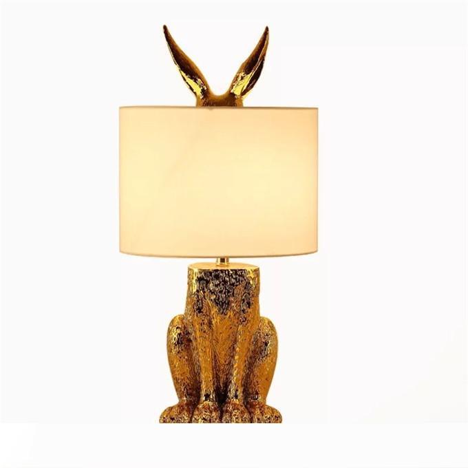 Modern gold-finished table lamps with rabbit-patterned cloth shades for nightstands, living room, or bedside use, featuring creative LED lighting