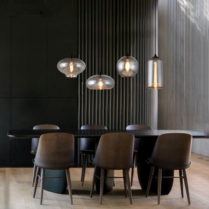 Modern gray glass pendant lights for Nordic living rooms, industrial-style LED hanging lamps with E27 sockets for home decor