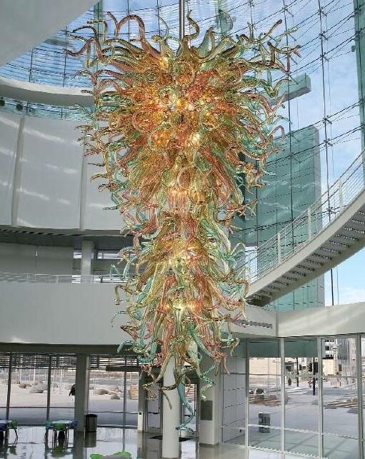 Modern handcrafted blown glass chandelier in large size for shopping mall lobbies and decorative pendant lighting