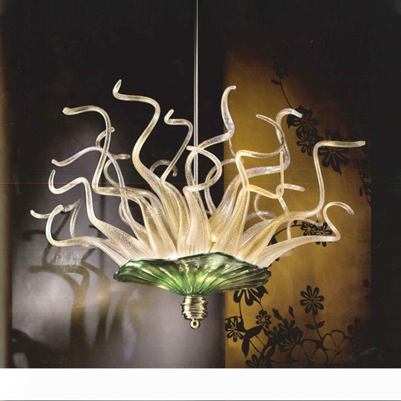 Modern handmade blown glass chandeliers featuring DIY glass plates in green and amber hues, with LED pendant lighting