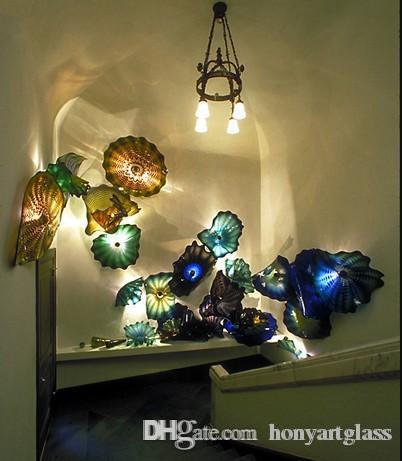 Modern handmade Murano glass wall art plates for stair corners, featuring colorful blown glass wall lamps