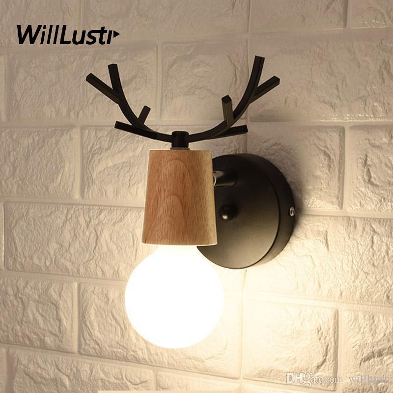 Modern Iron Antler Wall Sconce with Art Deco Wood Lamp for Cafe, Bar, Restaurant, Lounge, Bakery, Kitchen, Lobby, Aisle - Creative Deer Head Light