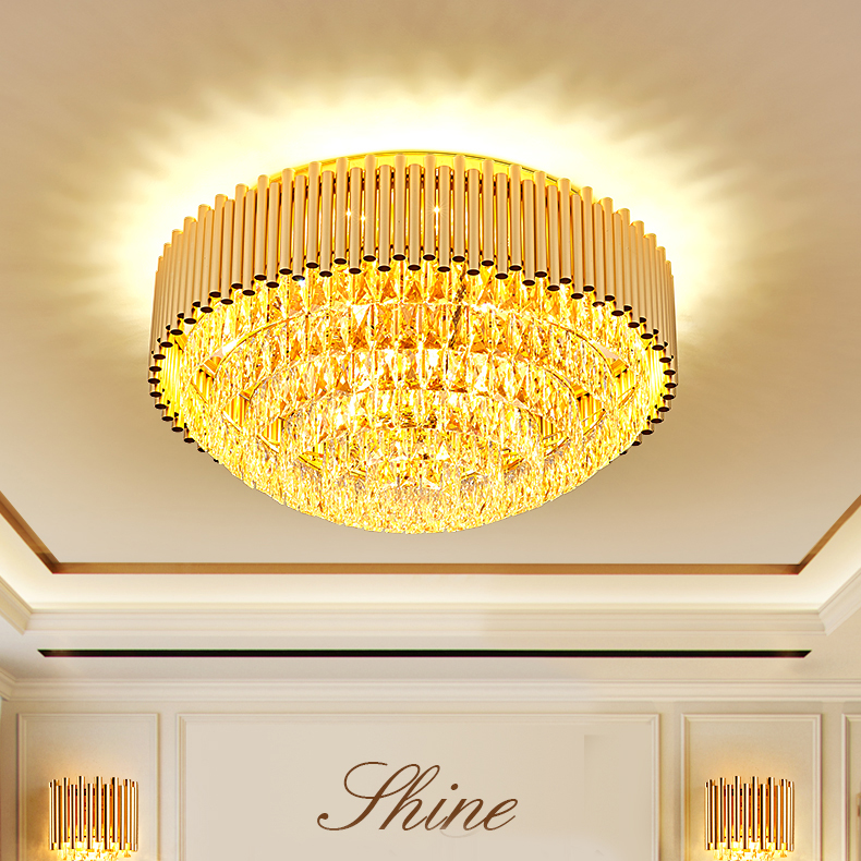 Modern K9 crystal LED ceiling light fixture in golden finish for living, dining, or bedroom spaces