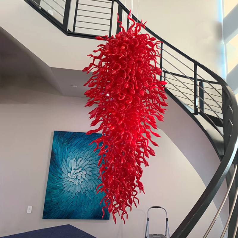 Modern large red chandelier with Chihuly-inspired Murano glass design, LED lighting for living rooms, elegant indoor hanging lamp