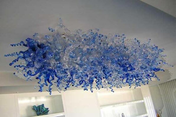 Modern LED blue crystal ceiling chandelier with rectangular design, handcrafted glass art lighting for high-ceiling living rooms