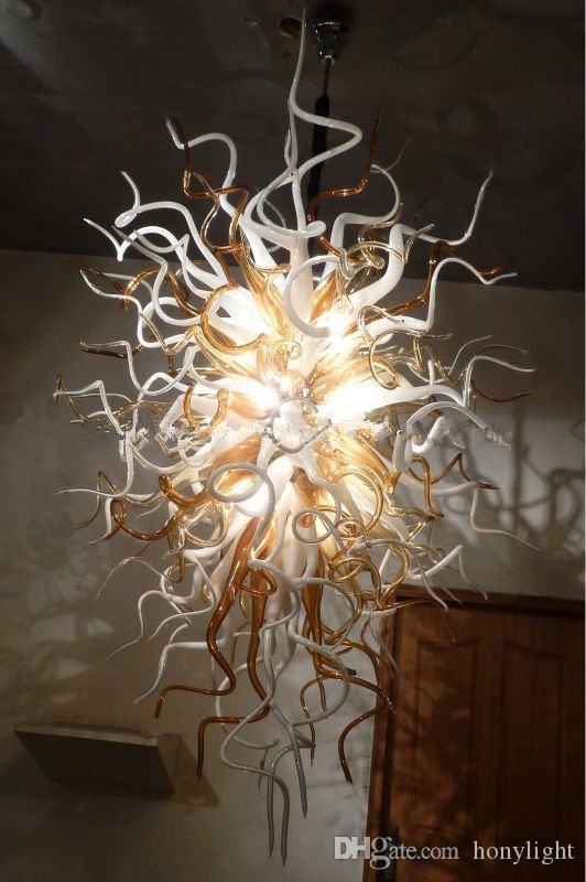 Modern LED chandelier featuring elegant blown glass in white and amber tones