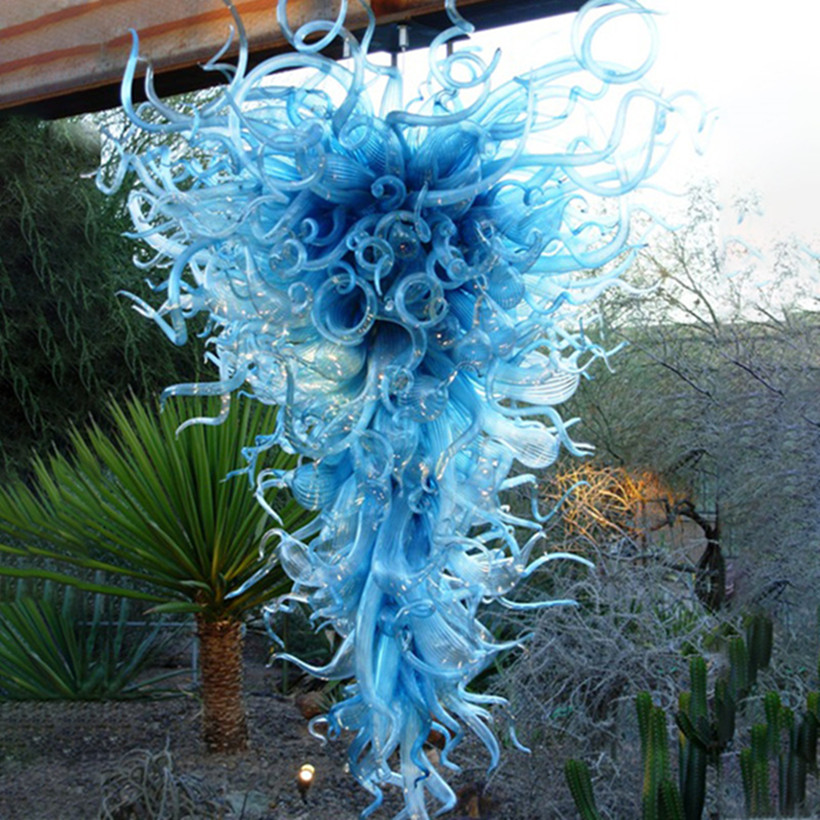 Modern LED chandelier with blue and amber crystal blown glass, 40x88 inches, ideal for living room home decor lighting