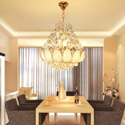 Modern LED chandelier with golden crystal lotus design for home lighting in living rooms and bedrooms