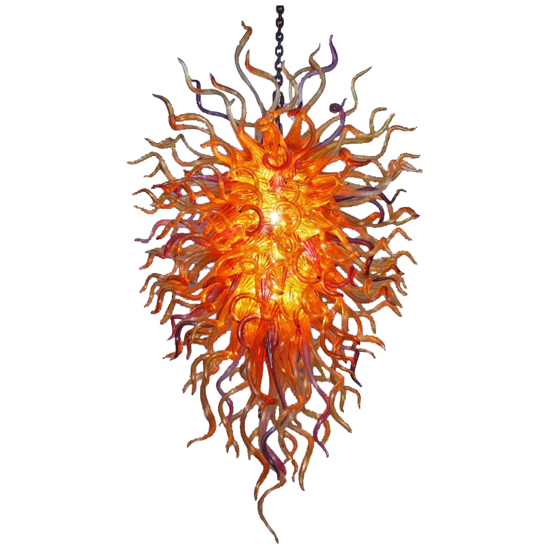 modern LED chandelier with hand-blown glass in fiery orange for contemporary bedroom decor