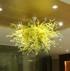 Modern LED chandelier with yellow and green glass shades for contemporary ceiling lighting