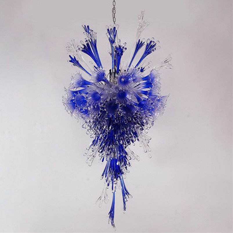 Modern LED chandeliers and pendant lights featuring handcrafted blue and clear glass, standing 48 inches tall for elegant living room decoration