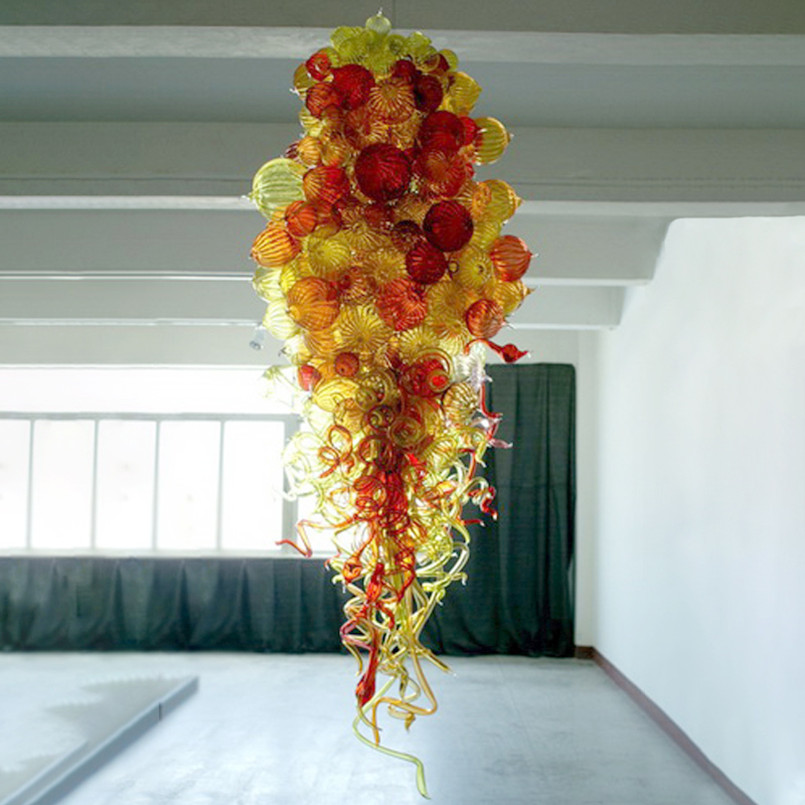 Modern LED chandeliers featuring colorful blown glass lamps, designed as artistic chain pendant lighting for commercial and residential spaces like stores, villas, offices, restaurants, and living ...