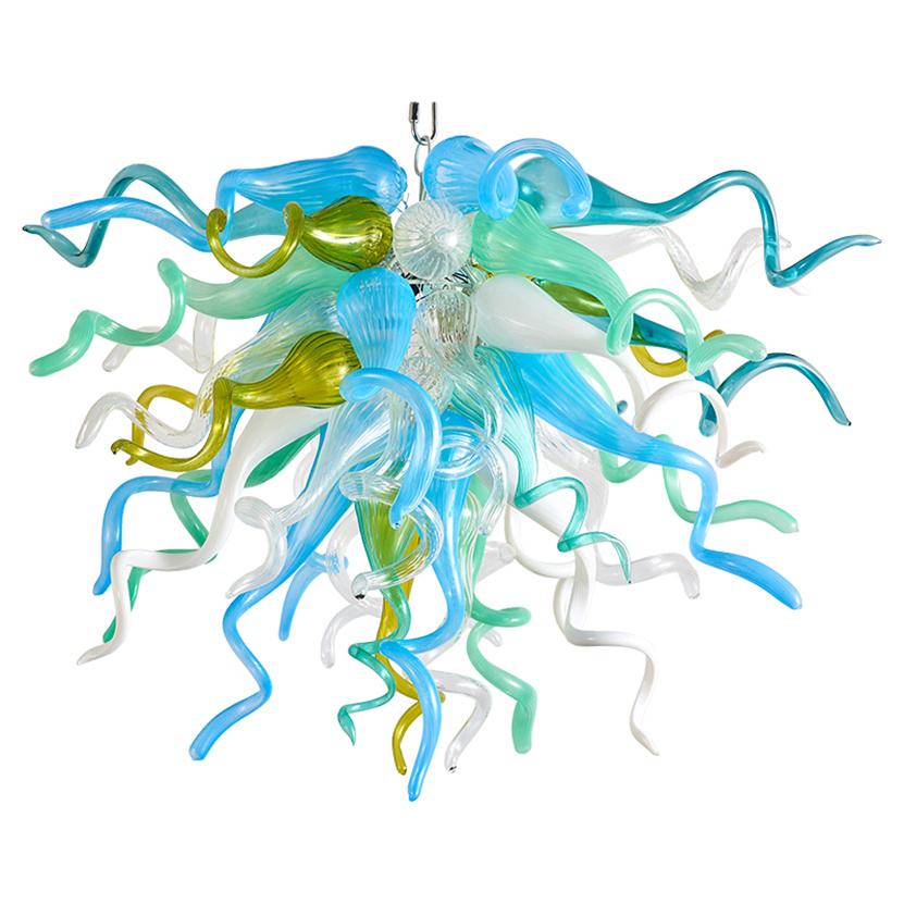 Modern LED chandeliers featuring mouth-blown glass pendants in multiple colors, ideal for living room or kitchen decor, measuring 28x24 inches in a Nordic style