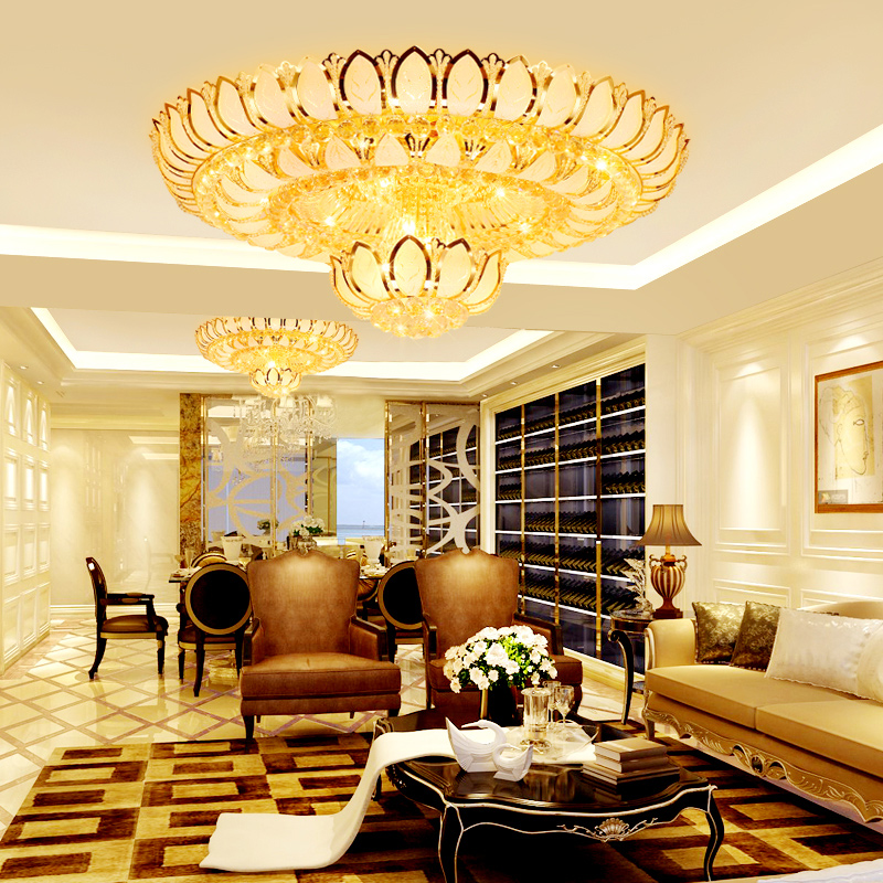 Modern LED crystal ceiling light with American gold lotus flower design, round chandelier for indoor home lighting