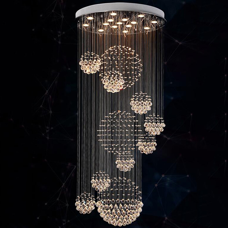 Modern LED crystal chandelier featuring 11 rain drop spheres and 13 GU10 bulbs for elegant stair lighting