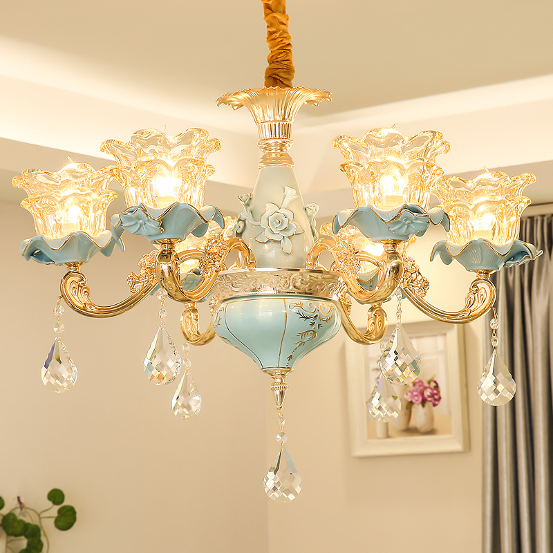 Modern LED crystal chandelier lighting fixture with European ceramic design for elegant dining and living spaces
