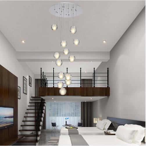 Modern LED crystal chandelier with 14 lights, 2m hanging length, ideal for stairway lighting